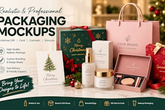 create realistic christmas gift, cards and cosmetic skincare packaging mockups