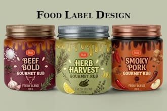 create food label, product label, bottle, jar, sauce and supplement label design