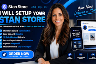 setup stan store website,marketing , upload digital products on stan store  etsy