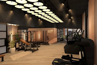 create 3d commercial gym or fitness facility interior with 3d realistic render