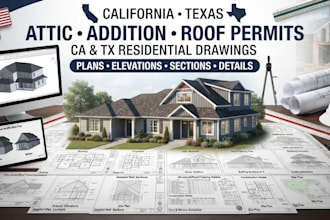 do attic remodel,home addition and roof modification permit drawing set in ca,tx