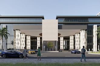 cgi luxury hotel facade render,modern building exterior,streetscape illustration