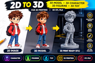 covert 2d to 3d model 3d character figurine 3d toy for 3d printing 3d stlfile