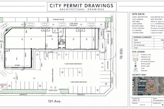 draw site plan, architectural floor plan, parking lot and city permit drawings
