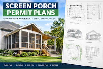 draw screen porch permit plans, covered deck drawings and patio permit plans