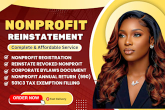 prepare and file nonprofit, form 990, 990ez or 990n, reinstate 501c3 tax exempt