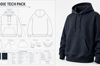 create streetwear hoodie tech pack with technical flats for maunfacturing