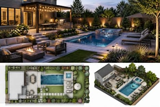 design 3d landscape, backyard garden, patio, and pool with realistic rendering