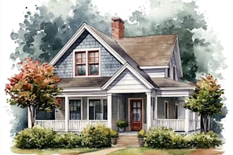 draw watercolor house, home building portrait illustration