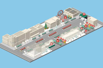 create a 3d isometric map, event map, venue map, festival map and site map