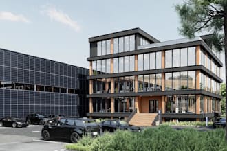 dwg to cgi render,3d mixed use workspace,open plan office,parking lot layout,skp