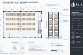 draft warehouse rack design, pallet racking layout, and cad elevations