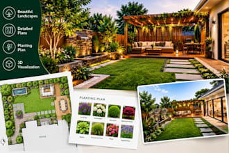design your backyard landscape with planting plan, 2d plan and 3d rendering