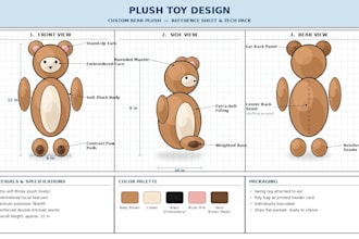 create custom plush toy, sewing pattern, reference sheet and tech pack