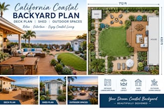 design california coastal backyard plan, deck plan, with shed and outdoor spaces