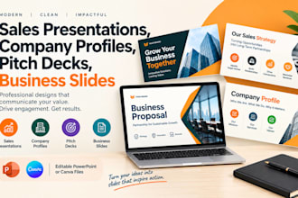 design sales presentations, company profiles, pitch decks, business slides