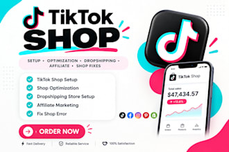 setup tiktok shop, facebook instagram shop, shopify dropshipping store marketing