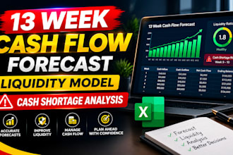 create 13 week cash flow forecast, liquidity model, and cash shortage analysis