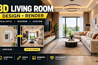 create a 3d living room interior design and realistic rendering