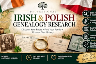 do irish and polish genealogy research, brick walls, dna matches, birth record
