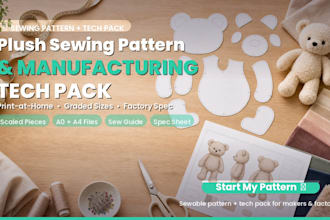 draft a plush toy sewing pattern with tech pack and spec sheet