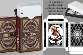 design custom card game box, deck box, tuck box packaging, dieline, 3d mockup
