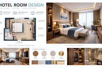design hotel room interior with furniture layout, floor plan and 3d rendering