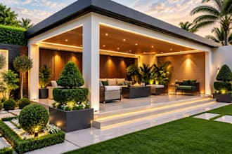 design a modern pergola with realistic 3d rendering and outdoor design