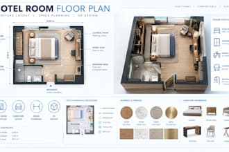 create hotel room floor plan with furniture layout, space planning and 3d design
