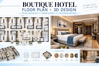design boutique hotel floor plan with space planning, room layout and 3d design
