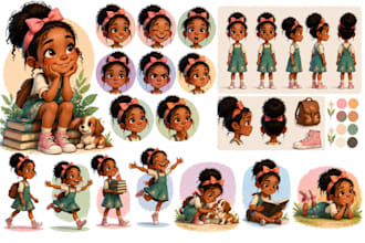 create childrens book character expression sheet and pose sheet