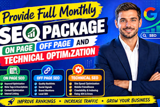 provide full monthly SEO package on page off page and technical optimization