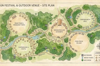 festival, campground, event, venue, site plan, trail, park and outdoors map