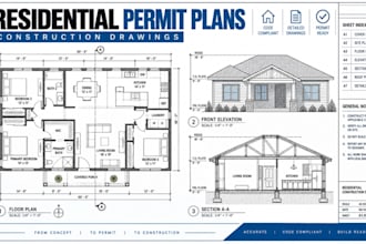 draft residential permit drawings, blueprints with construction plans