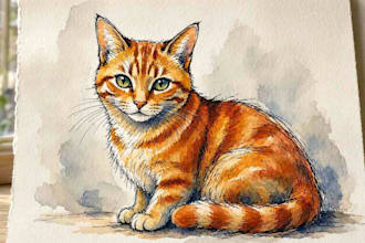 paint a watercolor pet portrait with ink sketch