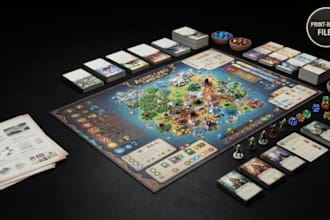 design custom board game mechanics, card game layout, and rulebook