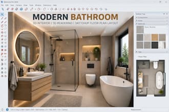 design modern bathroom 3d interior, 3d rendering and sketchup floor plan layout