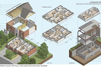 design exploded axonometric views, site analysis, and architecture diagrams