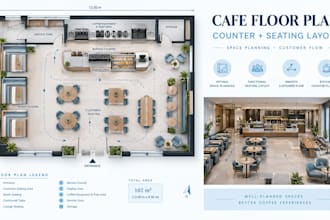 design cafe layout with counter, seating layouts and space planning floor plan
