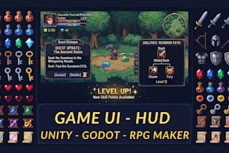 create pixel art game UI, hud, icons and inventory assets for your games