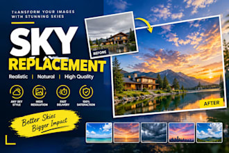 do sky replacement, photoshop image editing and real estate photo editing