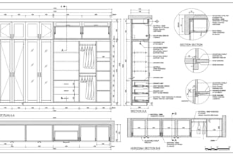 draft detailed wardrobe and walk in closet millwork shop drawing in autocad