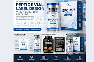 create peptide vial label design and product label design with 3d mockup design