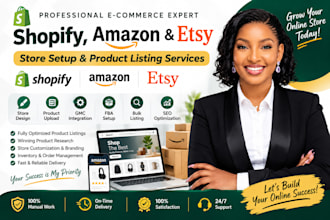 shopify amazon etsy design listing product upload gmc integration fba  bulk seo