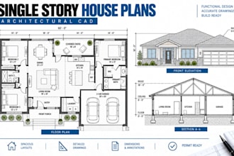 design single story house plans, floor plans with architectural drawings
