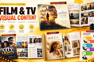 design a cinematic film pitch deck, TV series bible, lookbook and infographics