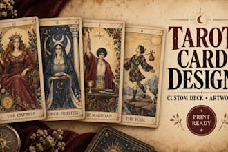 design custom tarot card deck, tcg card game template artwork and card box