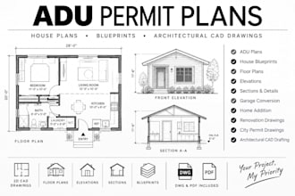 draw adu permit plans , house blueprints and architectural drawings in cad