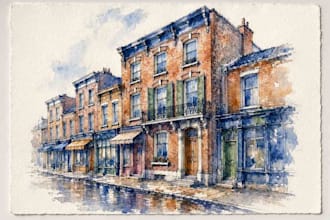 draw handmade watercolor illustration of architecture