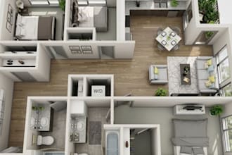 redraw 2d apartment floor plan with furniture layout and 3d interior view